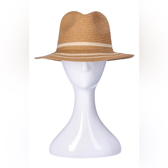 Time and Tru Women's Striped Straw Panama Hat, Beige - Picture 1 of 3